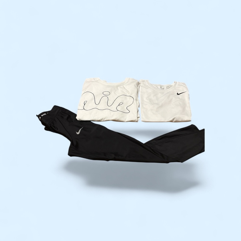 Two Nike Girls White shirts and Black Leggings Combo a short and long sleeve T. - Picture 1 of 14